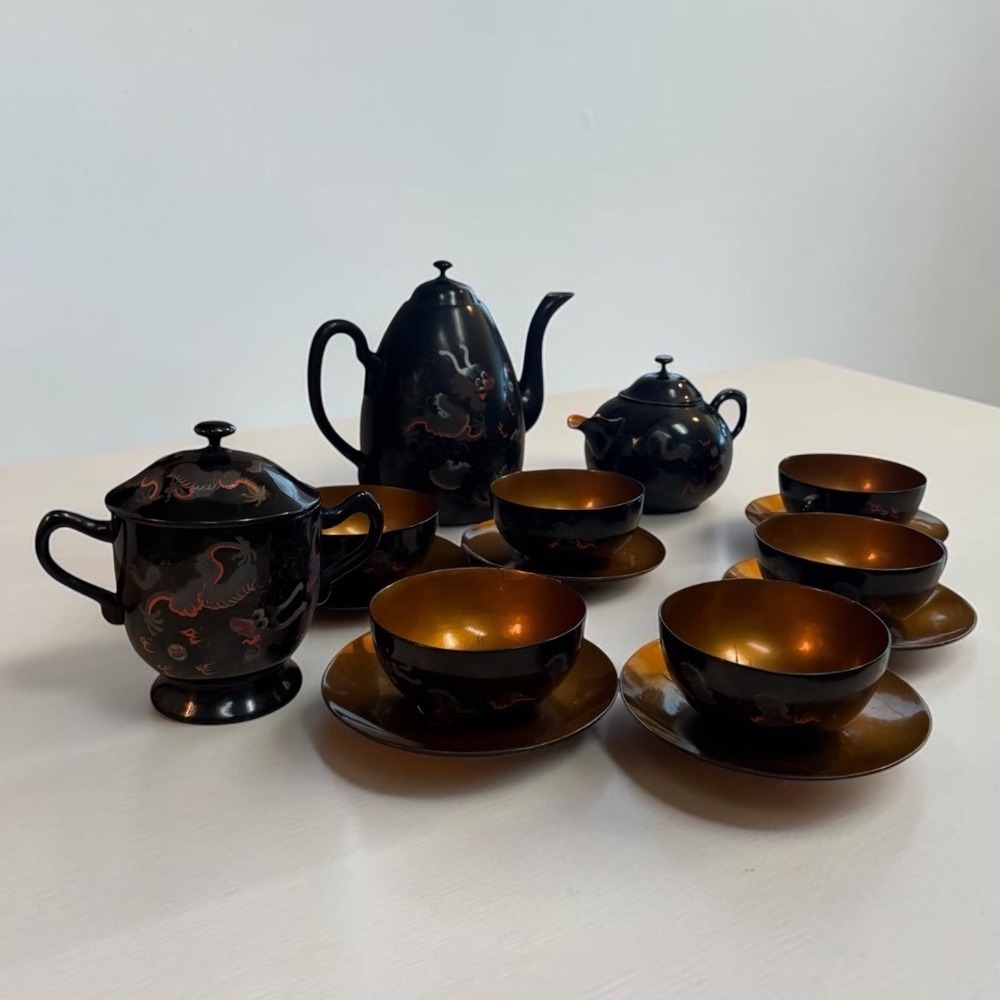 Antique Mam Chung Kee Foochow Black Lacquer Dragon Tea Set 20 pc Republic Era